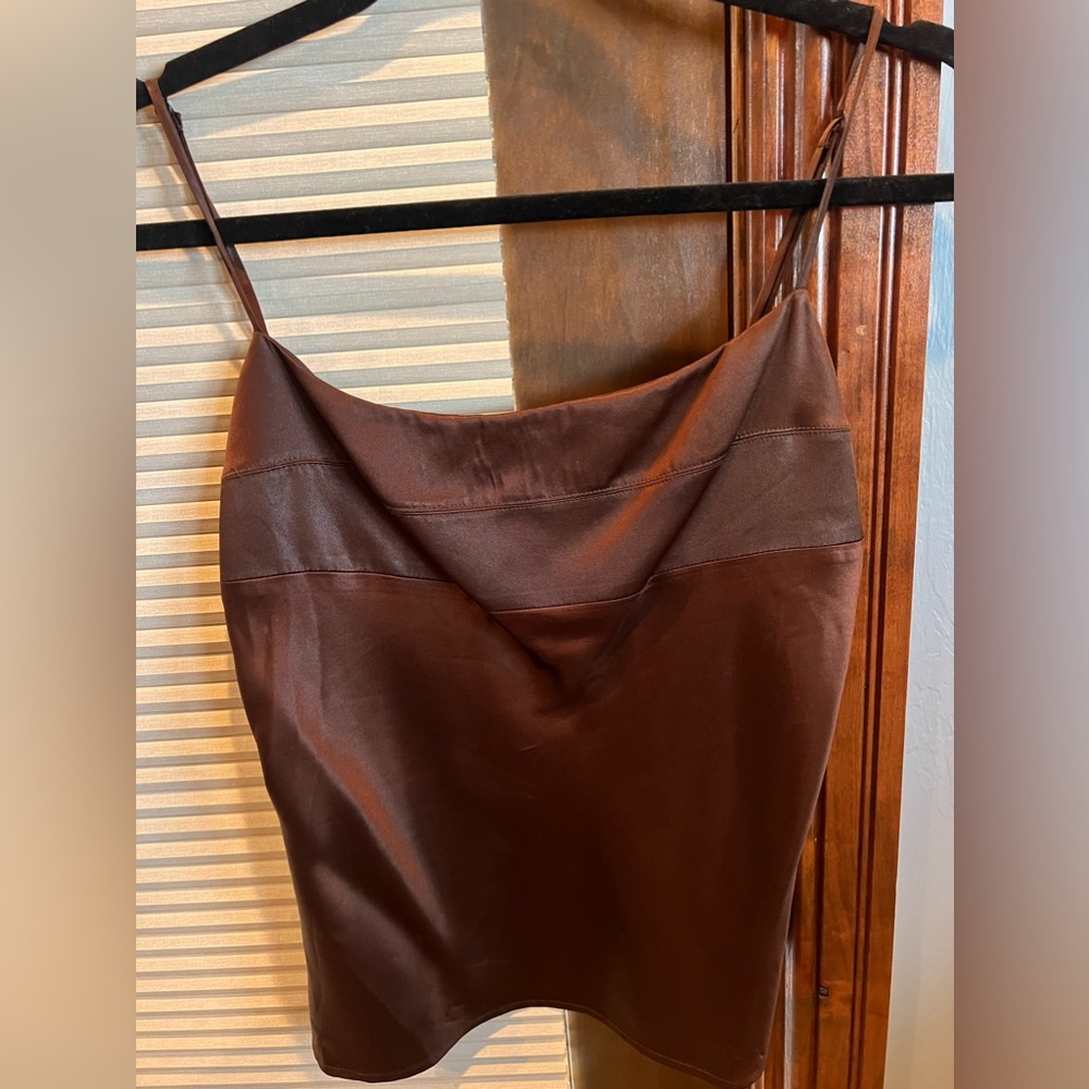 BCBG brown satin tank top with built in shelf-bra. Size medium. Runs small.